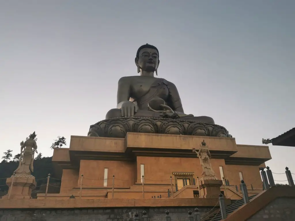 The magnificent bronze Buddha Dordenma image fits exactly on a one-acre land. Which includes three stories within the throne, two each inside the lotus, waist, chest, face, and shoulder, and one each in the legs, neck, and head. FInd more: https://trulybhutan.com/attractions-in-thimphu/the-tallest-buddha-image