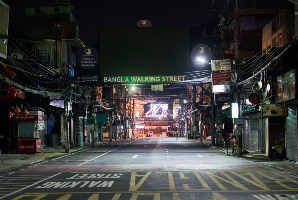 Bangla Road Patong, Phuket after 10 p.m.No people bc of Covid-19 restrictions.