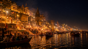 Millions of glowing clay diyas illuminating the stone steps of Varanasi ghats during Dev Deepawali on the Ganges River
