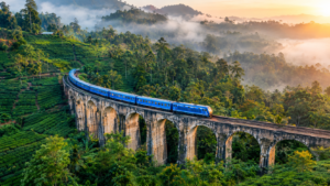 Bright blue Sri Lankan train crossing the historic stone Nine Arch Bridge surrounded by lush green tea jungle