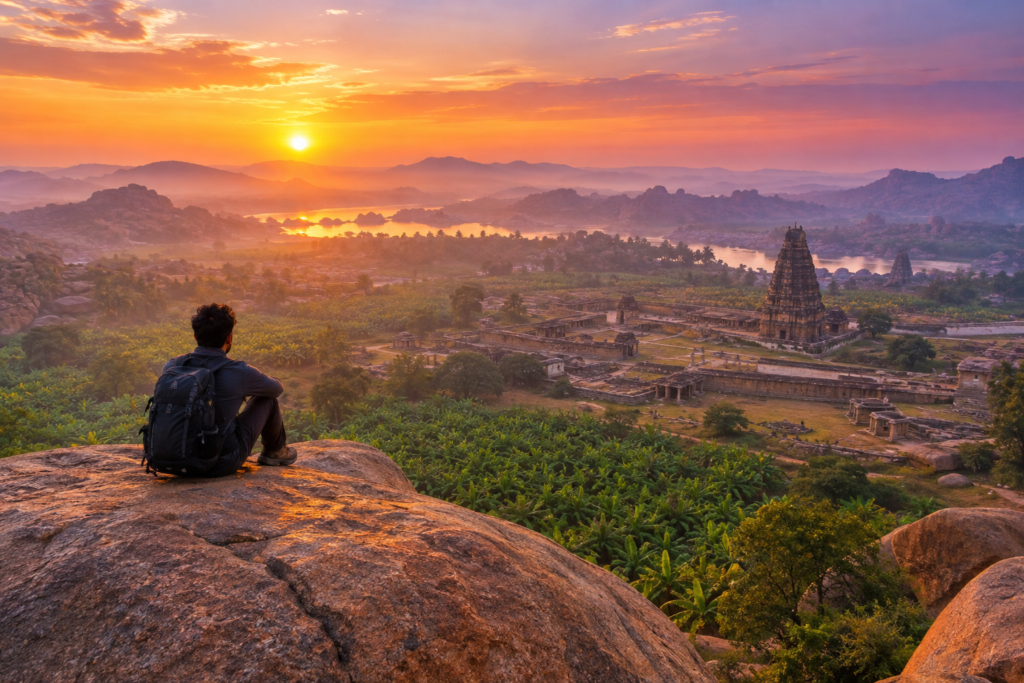 Hiker sitting on a granite boulder watching sunrise from Matanga Hill overlooking Hampi ruins