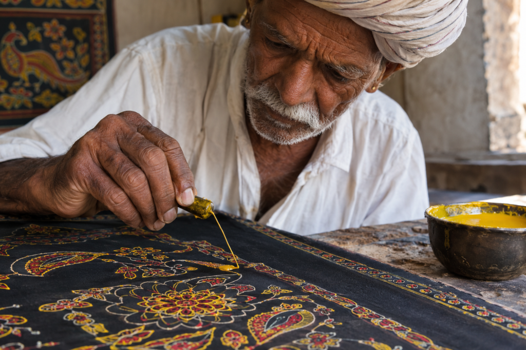 Master craftsman in Nirona village using a metal stylus to paint intricate colored castor oil Rogan art on fabric