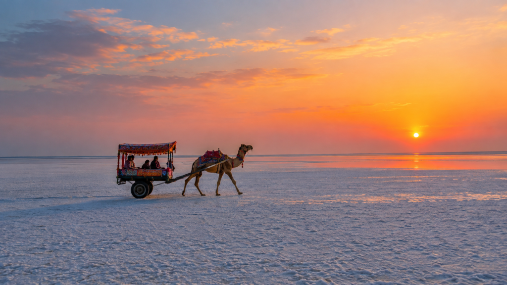 Golden sunset over the vast white salt desert of Rann of Kutch with a traditional camel cart during Rann Utsav in Gujarat India