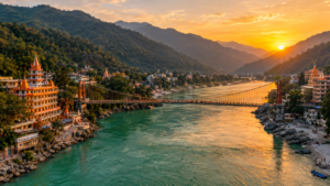Golden sunset over the Ganges river and Ram Jhula suspension bridge in Rishikesh Uttarakhand