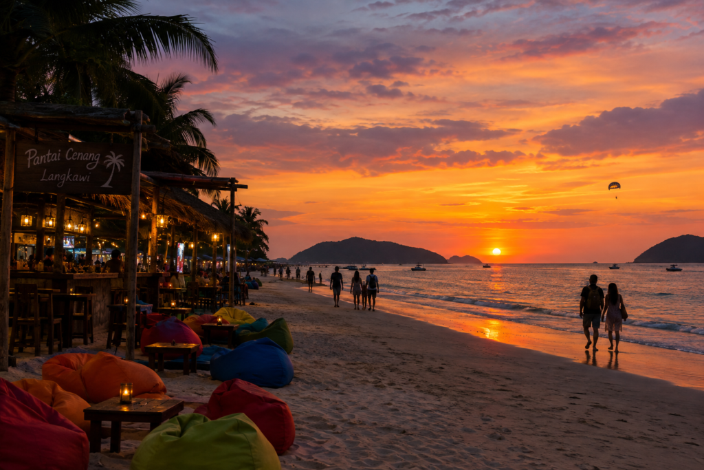 Golden sunset over Pantai Cenang beach with beanbag chairs and wooden beach bars on the sand