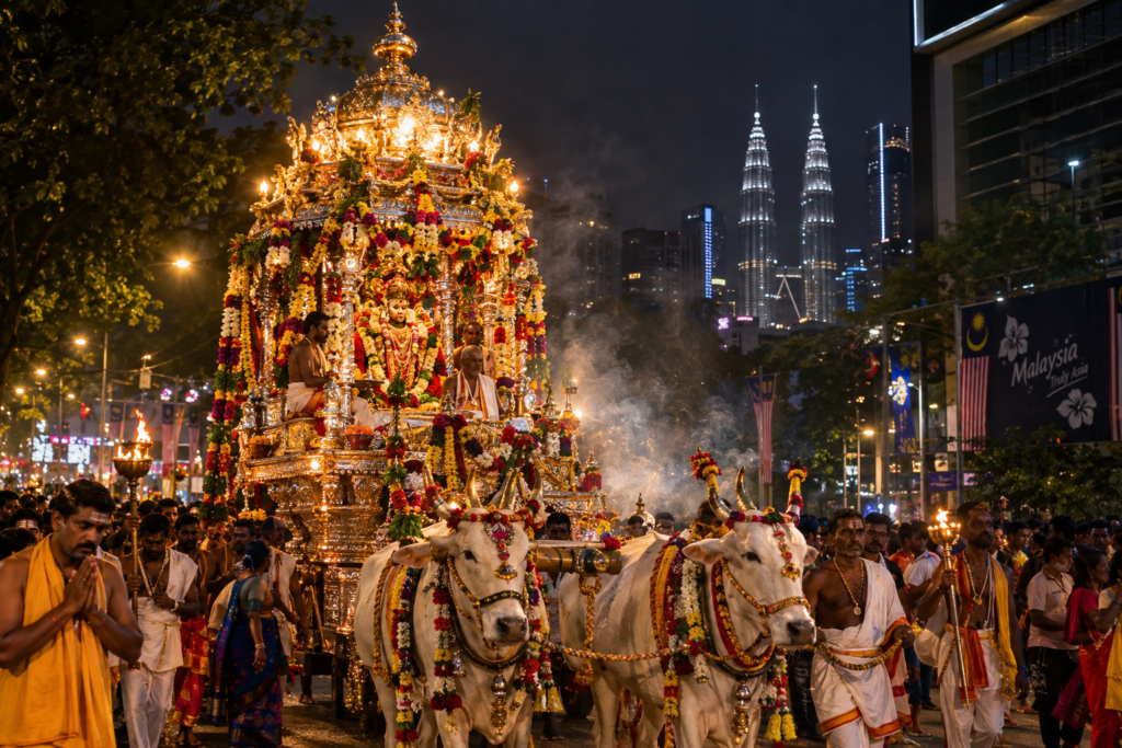 Ornate silver chariot decorated with flower garlands moving slowly through city streets surrounded by devotees