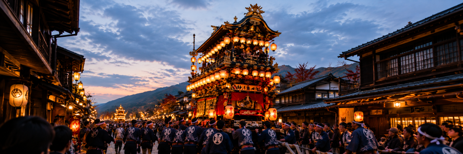 Traditional wooden Takayama festival float decorated with one hundred glowing paper lanterns during the Yoimatsuri night parade
