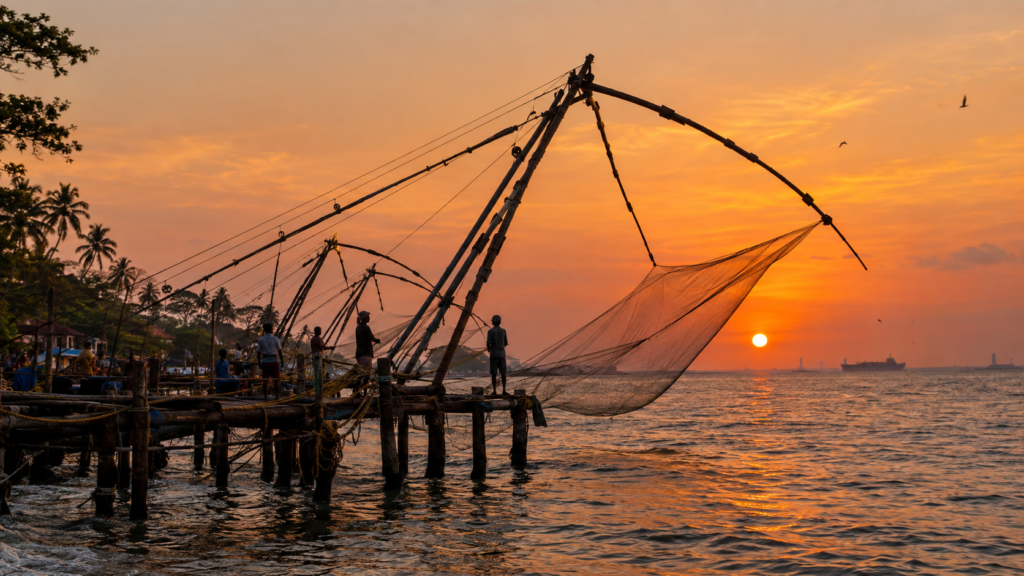 Traditional cantilevered Chinese fishing nets silhouetted against a golden evening sky in Fort Kochi Kerala
