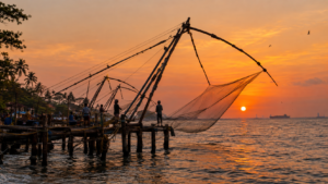 Traditional cantilevered Chinese fishing nets silhouetted against a golden evening sky in Fort Kochi Kerala