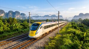 Modern KTM ETS electric train passing through scenic lush green hills on the route from Kuala Lumpur to Penang