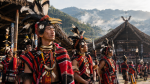Traditional Naga warriors in ceremonial tribal headdresses and woven shawls at the Hornbill Festival in Kisama Nagaland