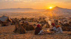 Golden morning sunrise over the desert dunes filled with thousands of decorated camels at the Pushkar Camel Fair in Rajasthan India