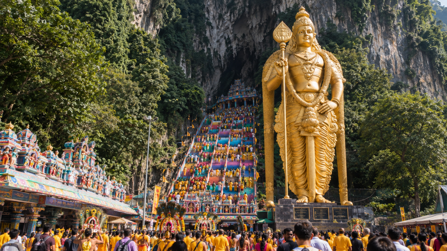 Golden Lord Murugan statue and steep colorful 272 steps crowded with devotees during Thaipusam at Batu Caves