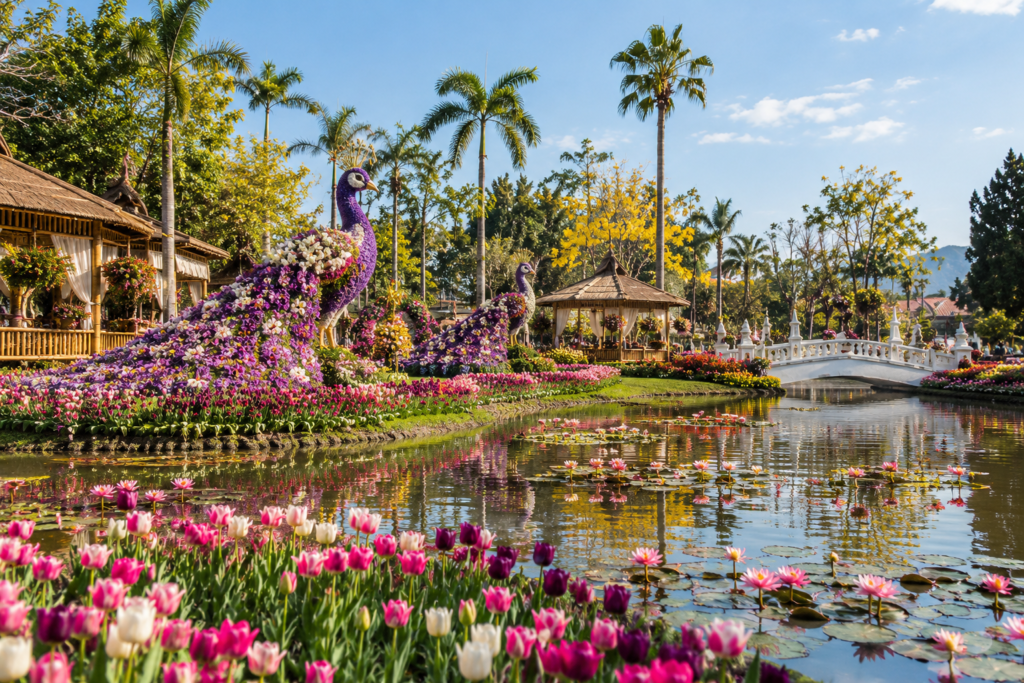 Giant floral peacock sculpture and blooming flower beds at Nong Buak Haad Park in Chiang Mai. 