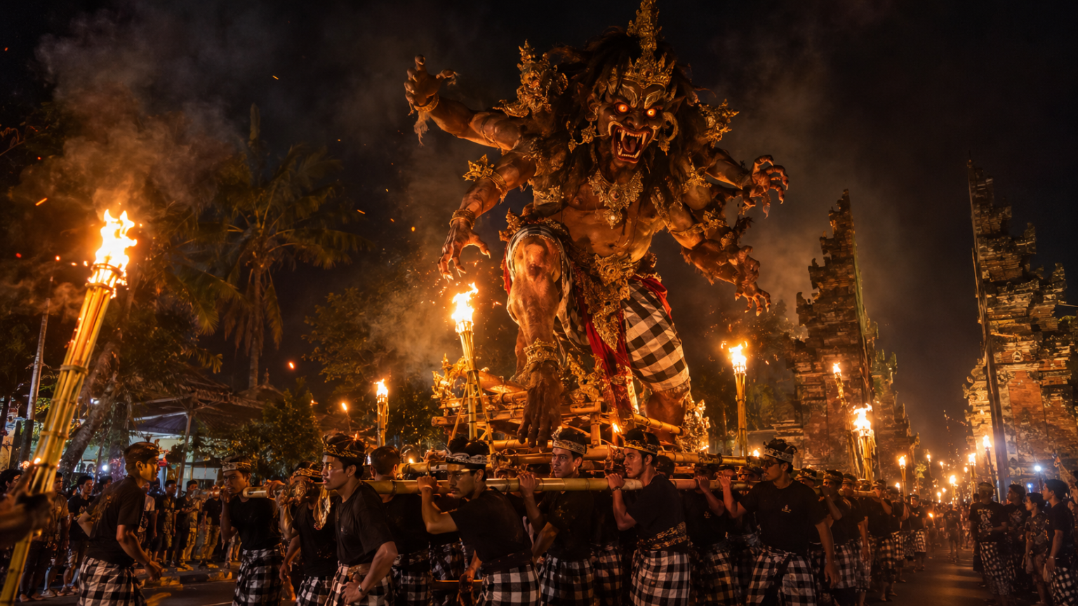 Towering handcrafted Ogoh-Ogoh demon effigy carried on bamboo poles through torchlit village streets in Bali at night.