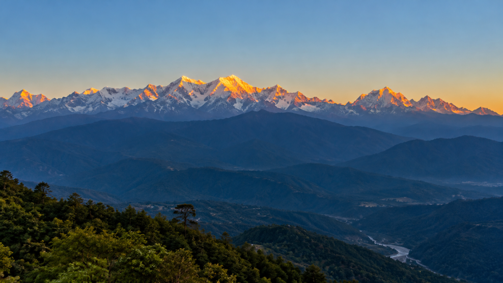 Snow-capped peaks of Chaukhamba and Bandarpoonch glowing at dawn from Kunjapuri ridge.