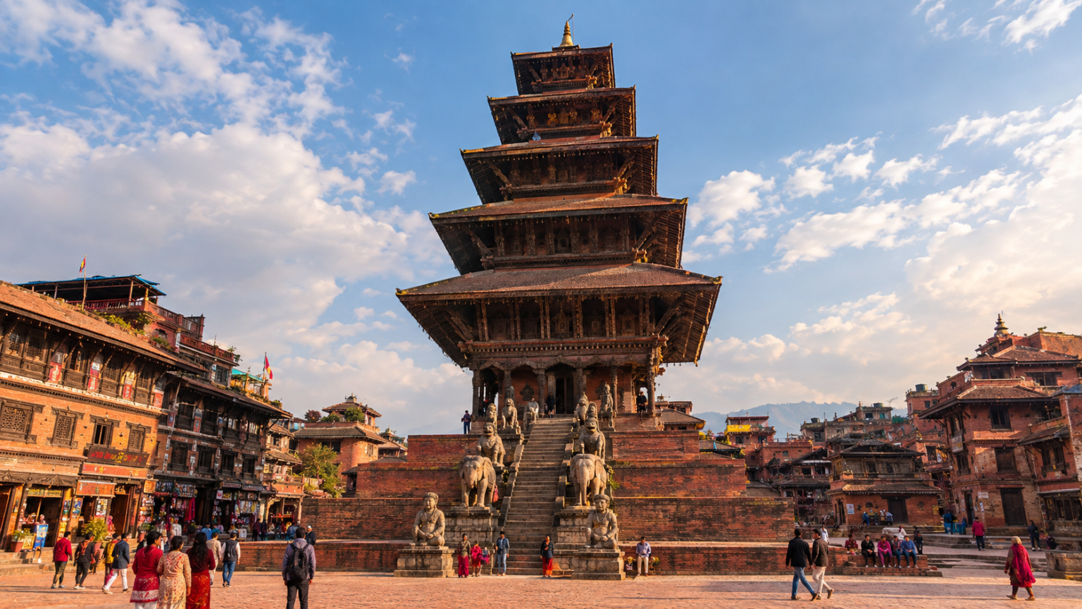 Towering five-story Nyatapola Temple with stone guardian statues rising above red brick Taumadhi Square in Bhaktapur Nepal