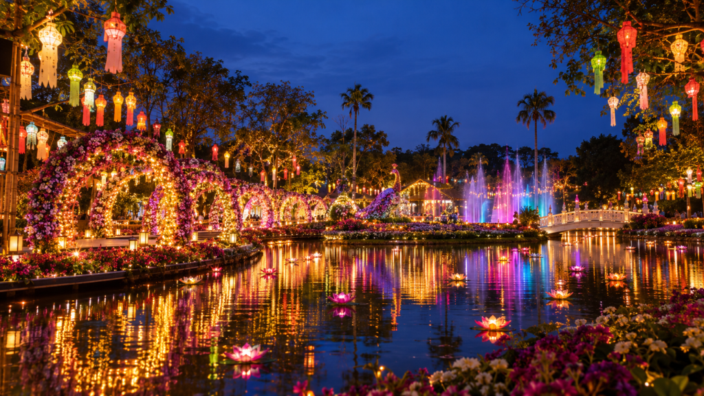 Illuminated flower tunnels and glowing lanterns reflecting over ponds at Chiang Mai Flower Festival.