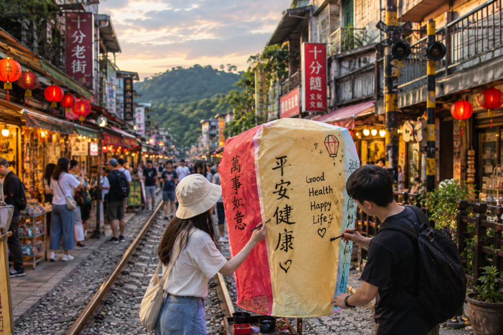 Travelers writing calligraphy wishes on a colorful paper sky lantern along the historic train tracks of Shifen Old Street. 