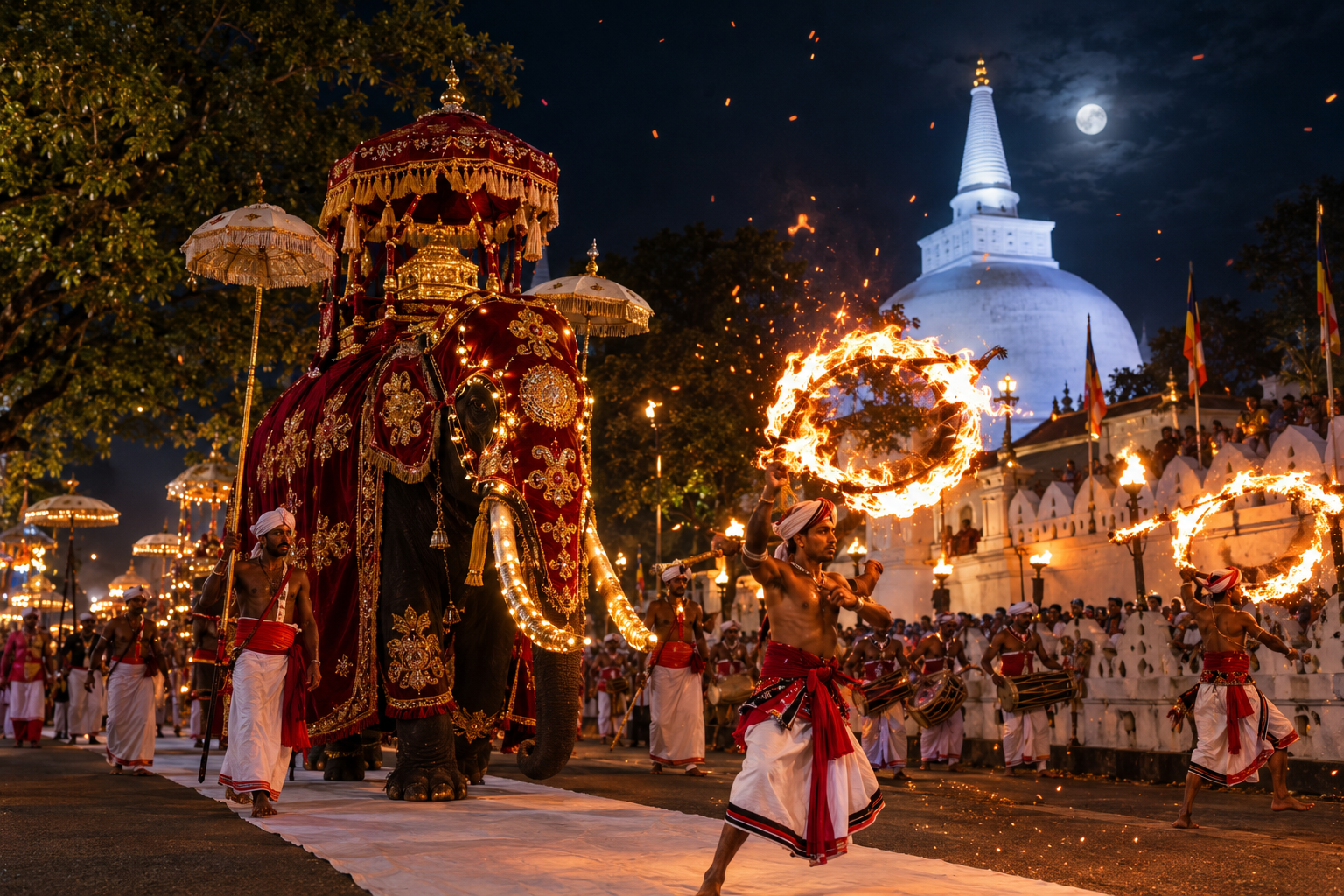 Decorated royal tusker carrying the golden relic casket at Kelaniya Duruthu Perahera in Sri Lanka.