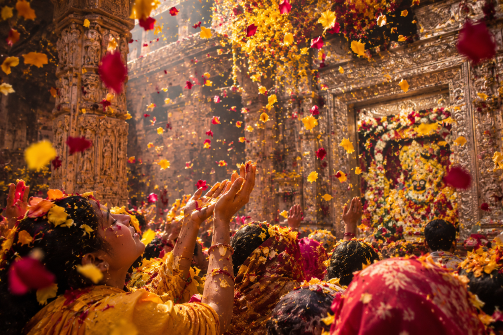 Yellow marigold and fragrant red rose petals showering over devoted worshippers inside Banke Bihari Temple in Vrindavan.