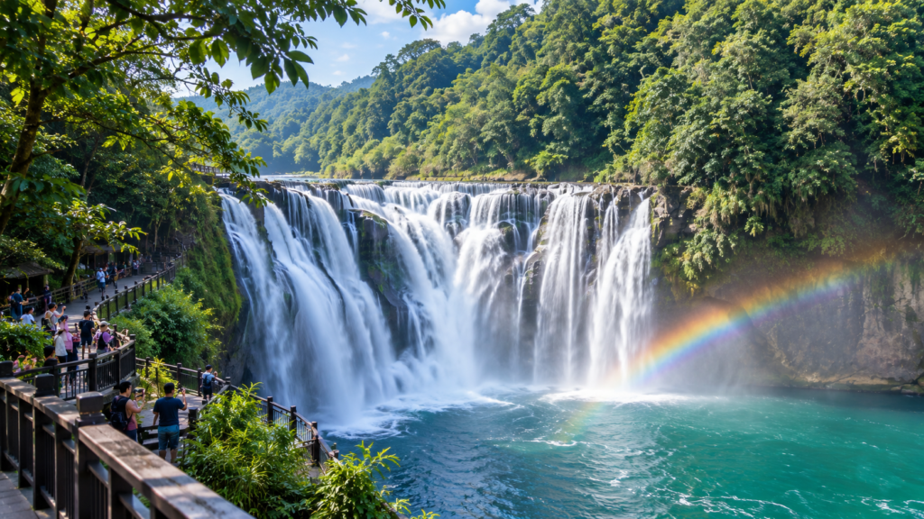 Powerful curtain of water plunging over dark rocky bedrock at Shifen Waterfall in New Taipei City with a vivid rainbow.