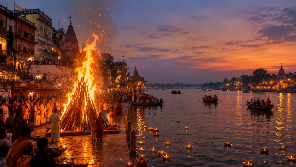 Crackling Holika Dahan bonfire glowing beside the calm Yamuna River along historic stone steps at Vishram Ghat in Mathura.