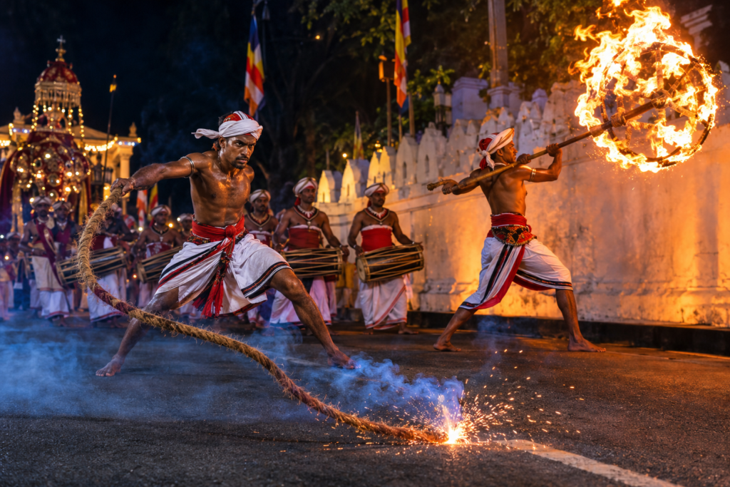 Decorated royal tusker carrying the golden relic casket at Kelaniya Duruthu Perahera in Sri Lanka.