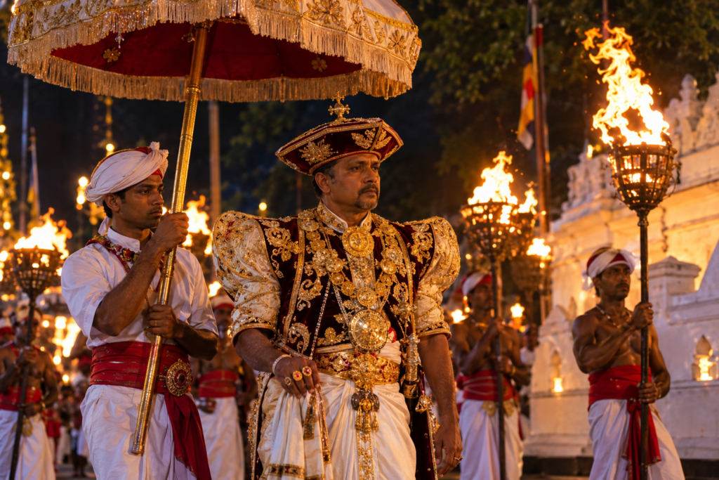 Temple custodian Nilame in traditional 64-piece Kandyan royal court regalia walking barefoot at Kelaniya.