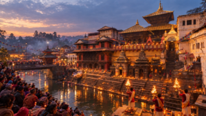Pashupatinath Temple during Maha Shivaratri in Kathmandu Nepal with evening Bagmati river aarti and golden pagoda.