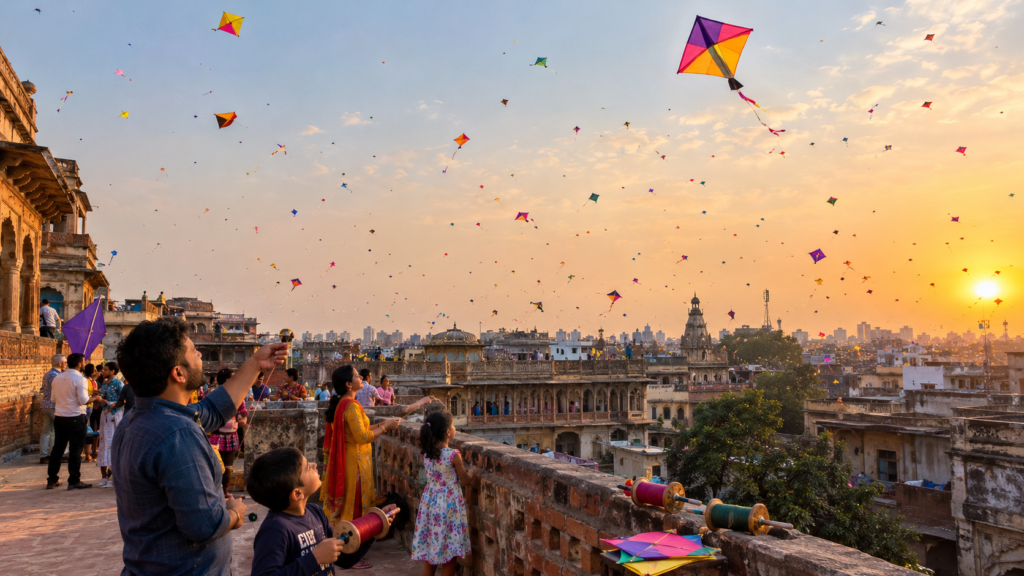 Crowded brick rooftops across Ahmedabad Old City pols filled with families flying paper kites and cheering Kai Po Che during Uttarayan.