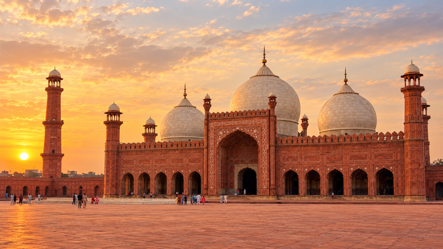 Red sandstone Badshahi Mosque with glowing white marble domes in Lahore Pakistan at sunset.