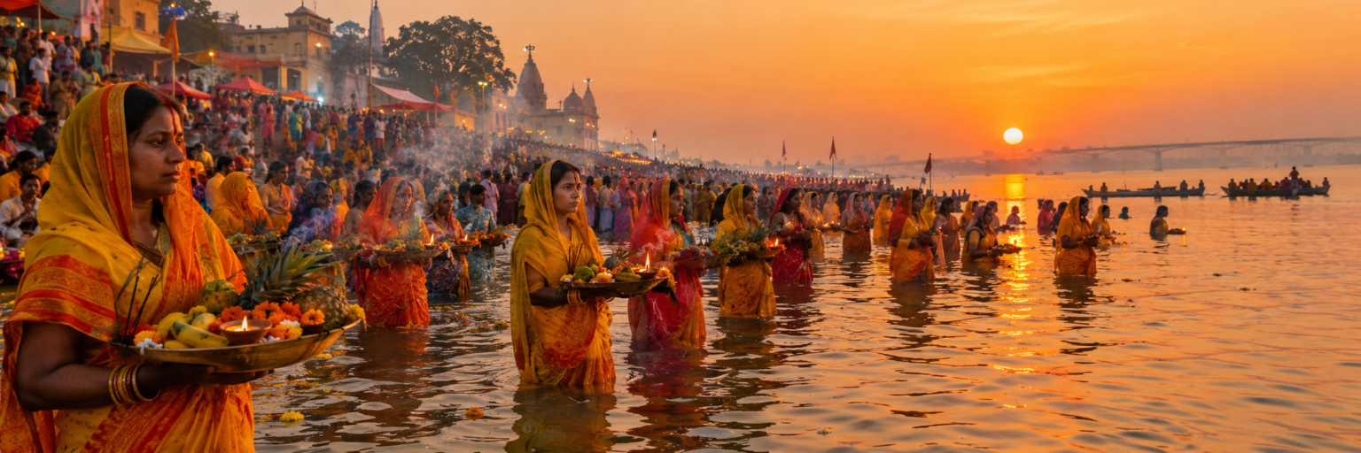 Thousands of Hindu devotees standing knee-deep in the Ganges River at sunset holding brass plates during Chhath Puja