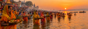 Thousands of Hindu devotees standing knee-deep in the Ganges River at sunset holding brass plates during Chhath Puja