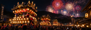 Illuminated ornate wooden floats and winter fireworks during the Chichibu Night Festival in Saitama Japan.