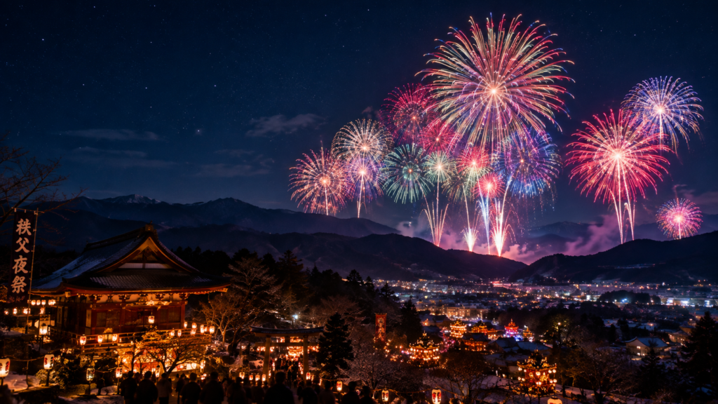  Bright winter fireworks lighting the December sky over Hitsujiyama Park during the festival in Chichibu.