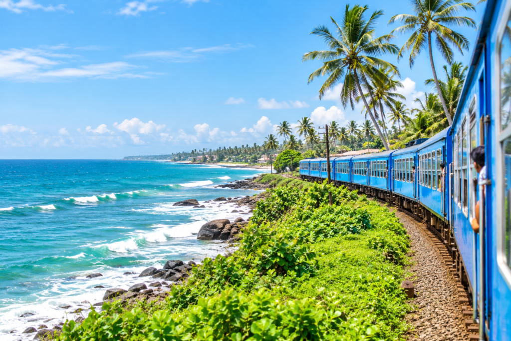 Blue coastal passenger train running right beside the waves of the Indian Ocean towards Galle Station