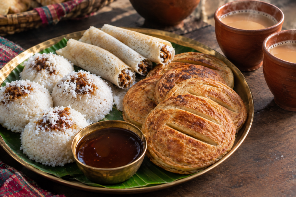 Traditional steamed bhapa pitha and rolled patisapta sweets served with date jaggery in Old Dhaka.