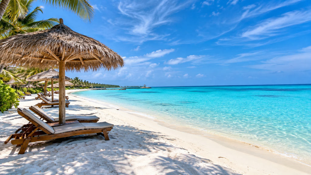 Thatched umbrellas and sun loungers on the white sand bikini beach on Dhiffushi island.