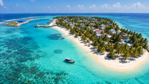 Aerial view of turquoise lagoon and white sand beaches at Dhiffushi island Maldives.