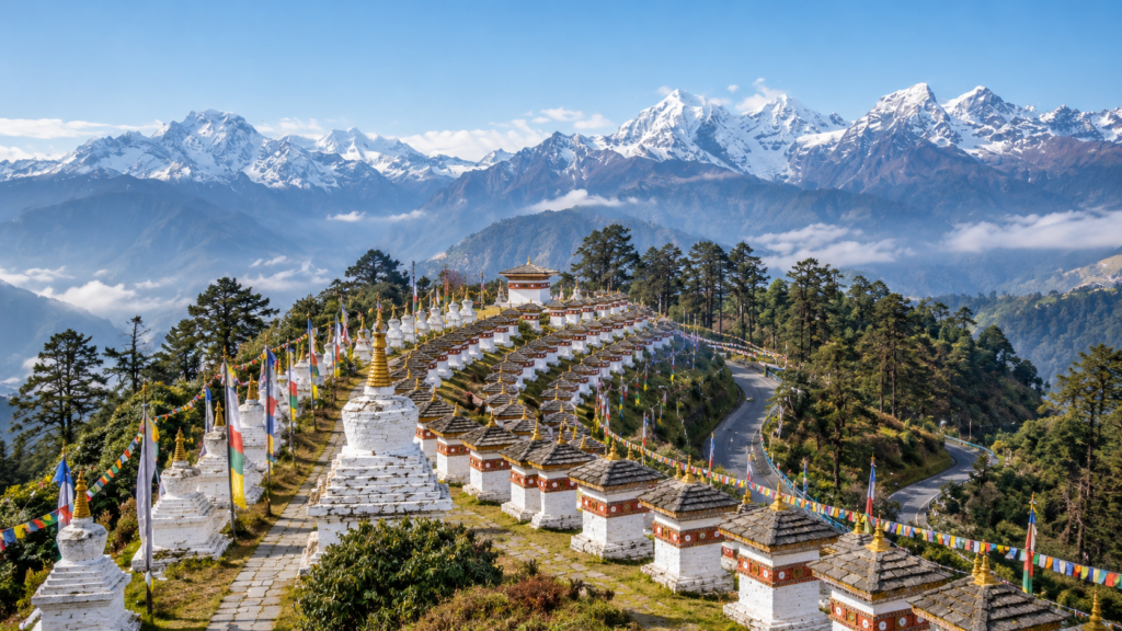 One hundred and eight stone chortens on the windy ridge of Dochula Pass facing distant Himalayan peaks.