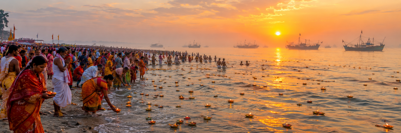 Thousands of pilgrims floating earthen lamps at sunrise on Dublar Char beach during Rash Mela in the Sundarbans