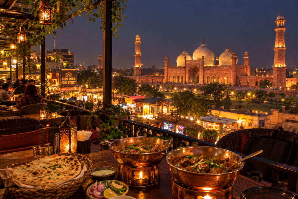 Rooftop restaurant dining table with mutton karahi overlooking illuminated Badshahi Mosque in Lahore.
