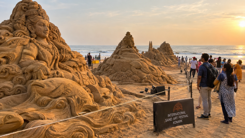 Intricate sand sculptures on display along Chandrabhaga Beach during the International Sand Art Festival.