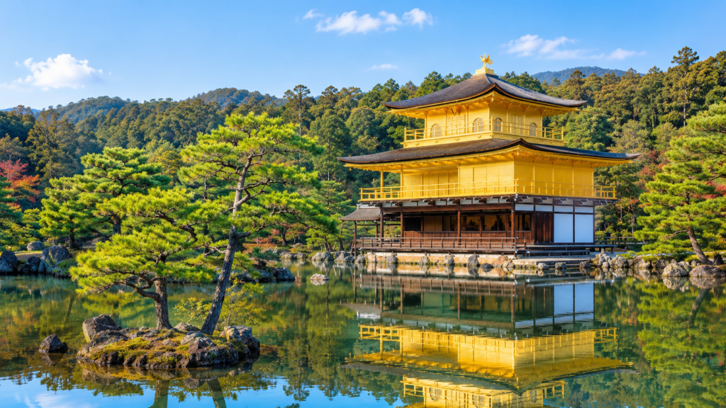 Kinkaku-ji Golden Pavilion reflecting on the glassy surface of Mirror Pond in Kyoto
