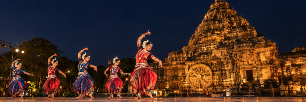 Classical Odissi dancers performing on stage before the illuminated Konark Sun Temple at night.