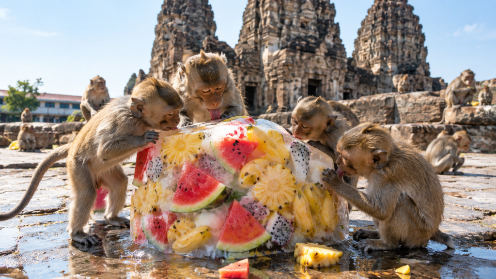 Young macaques licking frozen tropical fruit ice blocks during the morning banquet round in Lopburi.