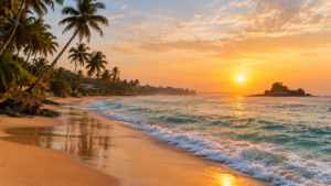 Golden morning sun shining on palm trees and calm waves at Mirissa Beach in Sri Lanka.