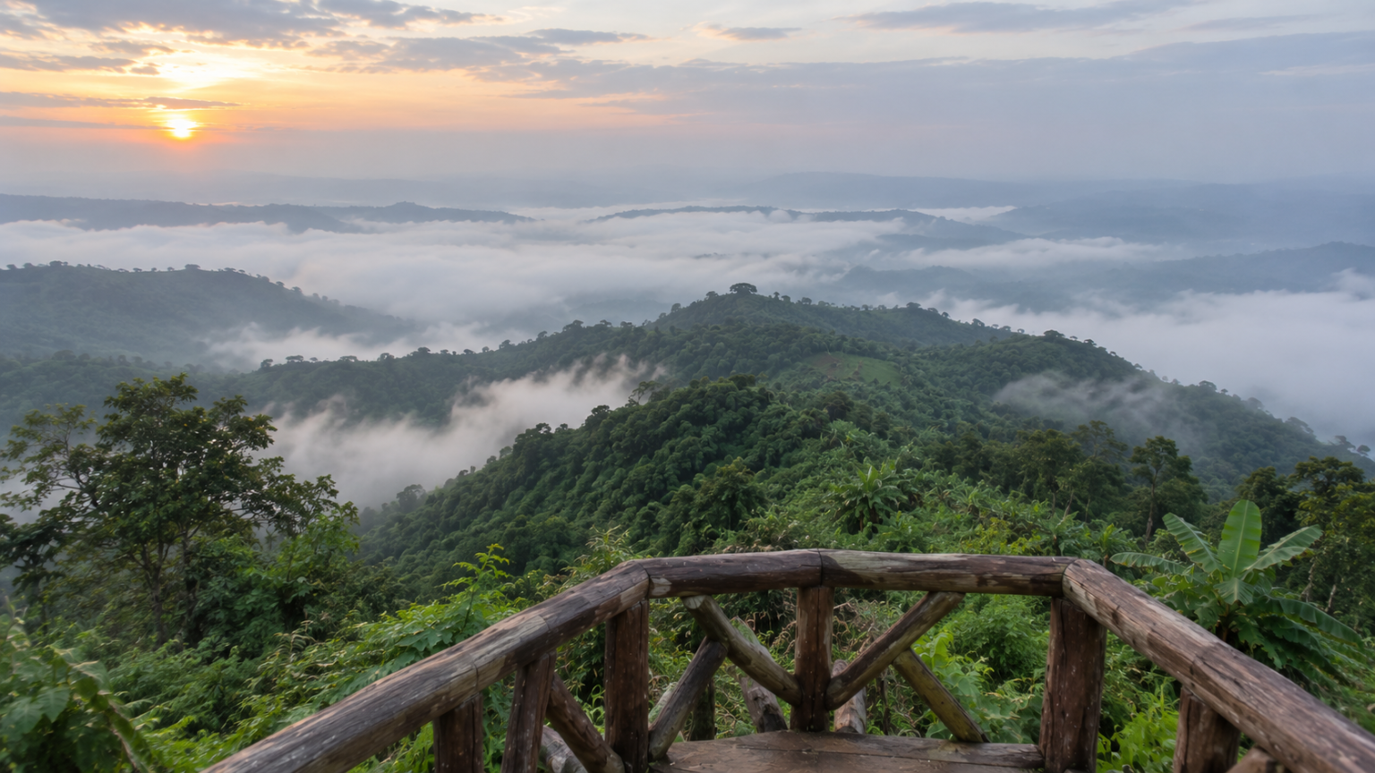 Winding mountain road and open wooden viewpoint pavilion overlooking rolling green hills and white clouds in Nilgiri Bandarban