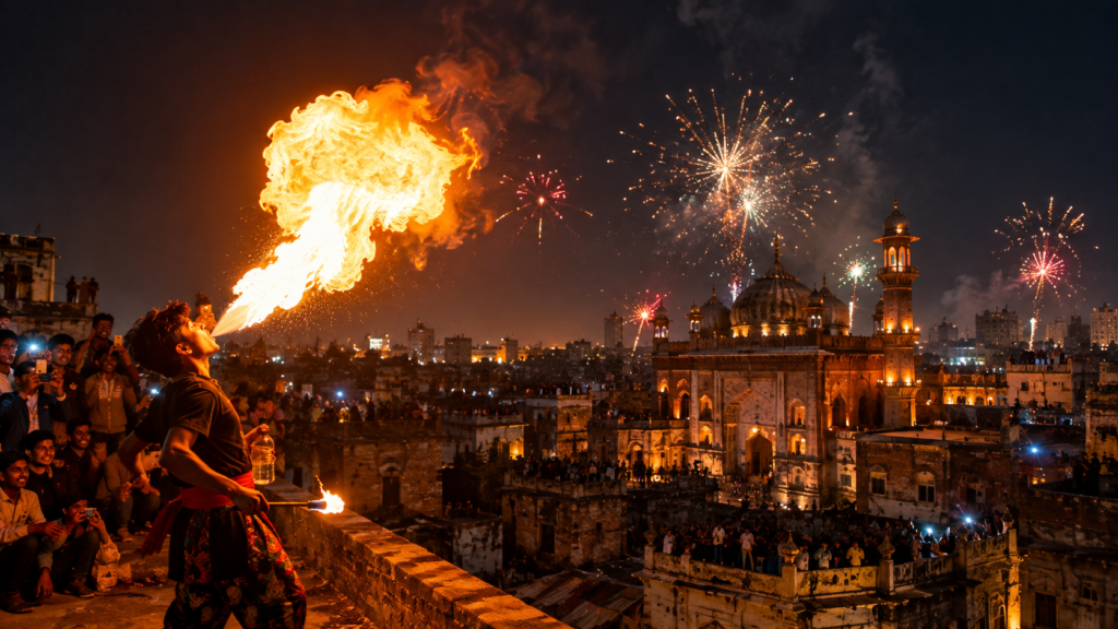 Performer blowing a dramatic plume of fire into the night sky from an Old Dhaka rooftop during Shakrain.